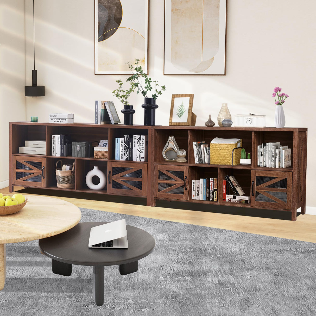 DUDUSHIMAN 8 Cube Storage Organizer Bookshelf with 2 Doors, 2-Tier Mid Century Modern Bookcase, 63" Long Horizontal Cubby Shelf, Wood Bookcase for Small Spaces Living Room DUDUSHIMAN