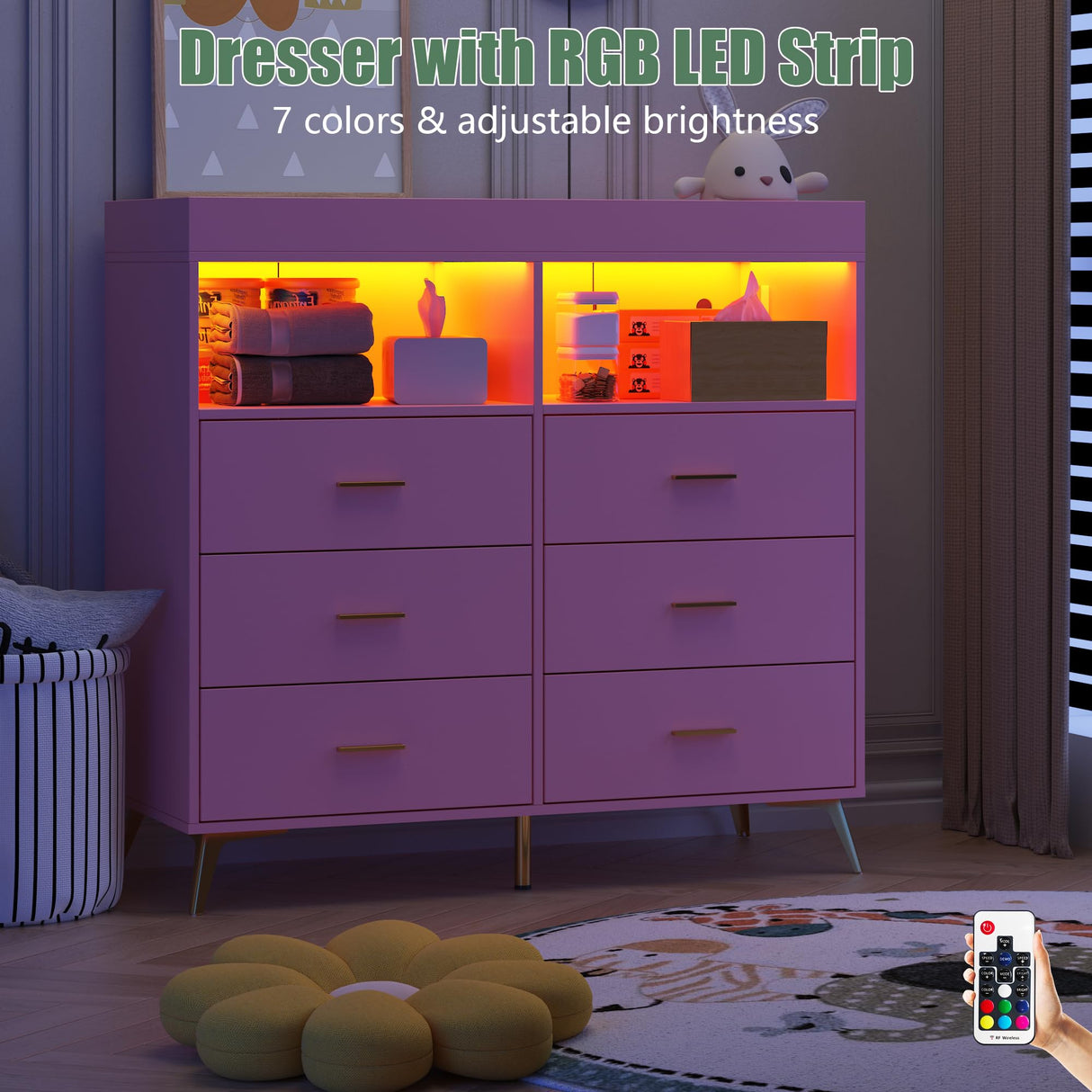 Patikuin Dresser for Bedroom with LED Lights and Power Outlet, Baby Changing Table Dresser with 6 Drawers, 2 Open Storage Shelves, Baby Dresser with Changing Table Top, Pink Patikuin