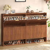 Hootata 47.2''W Walnut Shoe Storage Cabinet for Entryway with 4 Flip Drawers, Fluted Slim Shoe Cabinet, Free Standing Wooden Shoes Organizer for Foyer, Hallway Hootata