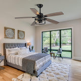 52" Ceiling Fans with Lights, Modern Farmhouse Caged Ceiling Fan with Light and Remote, Reversible Motor, 5 Double Finish Wood Blades, Chandelier Rustic Ceiling Fan for Living Rooms, Bedroom Oaks Aura