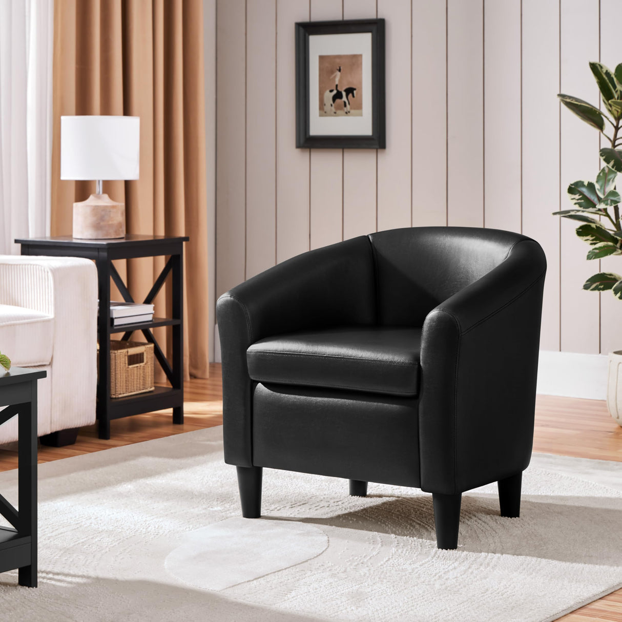 Topeakmart Faux Leather Club Chair, Modern Accent Chair and Cozy Barrel Armchair with Sturdy Legs for Living Room Bedroom Reception Room, Black Topeakmart