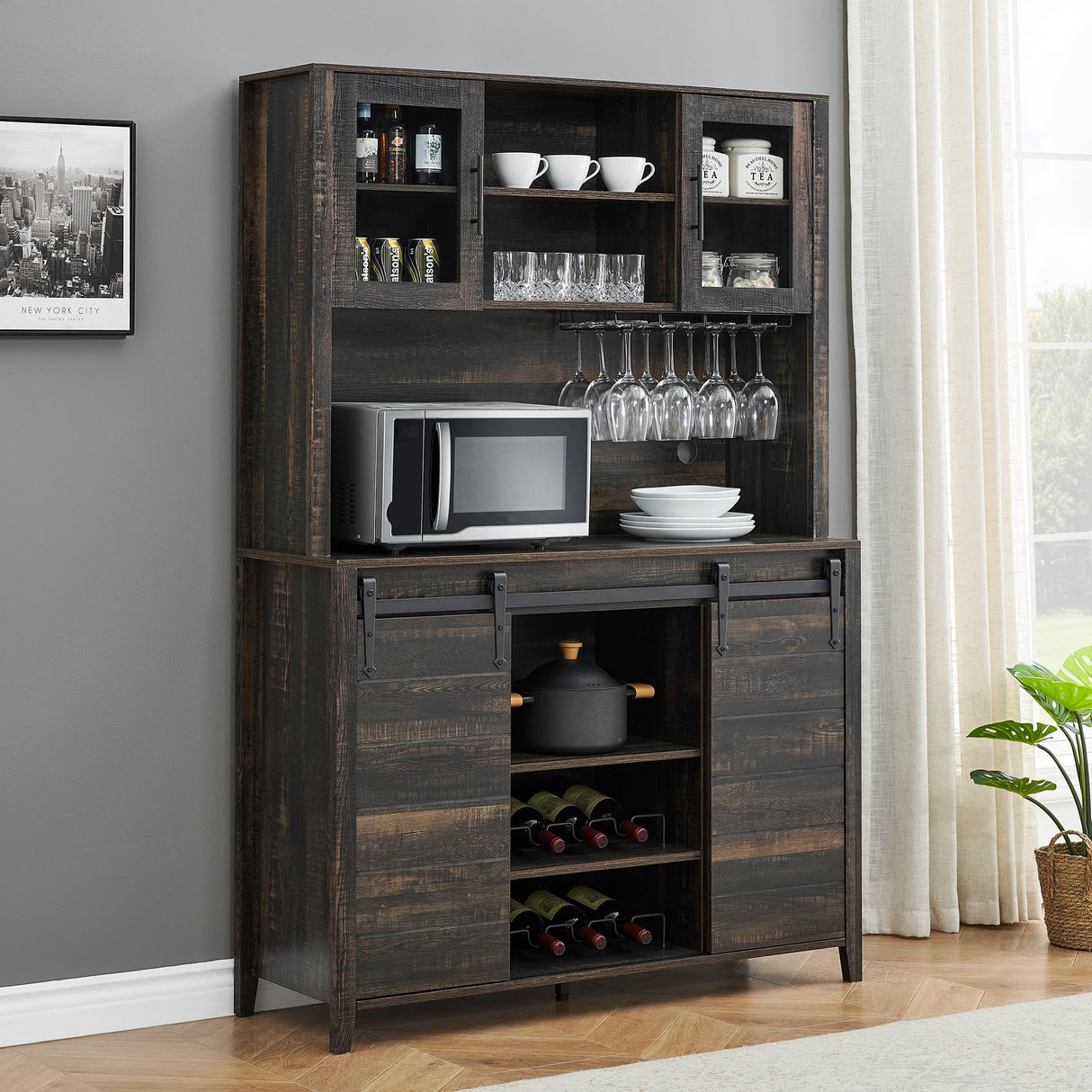 IDEALHOUSE Farmhouse Coffee Bar Cabinet with Sliding Barn Doors, 70'' Kitchen Hutch Cabinet with Storage, Wine&Glasses Rack, Tall Sideboard Buffet Cabinet for Kitchen, Dining Room, Oak IDEALHOUSE