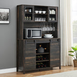 IDEALHOUSE Farmhouse Coffee Bar Cabinet with Sliding Barn Doors, 70'' Kitchen Hutch Cabinet with Storage, Wine&Glasses Rack, Tall Sideboard Buffet Cabinet for Kitchen, Dining Room, Oak IDEALHOUSE