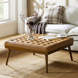 HULALA HOME Genuine Leather Square Coffee Table, Button Tufted Upholstered Ottoman Coffee Table with Solid Wooden Flared Legs, Mid-Century Modern Extra Seating for Living Room, Camel HULALA HOME