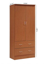 HODEDAH 2 Door Wood Wardrobe Bedroom Closet with Clothing Rod inside Cabinet and 2 Drawers for Storage, Cherry Hodedah