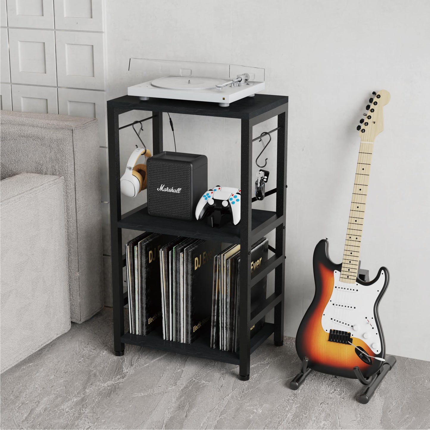 YAKANJ End Table with LED Light,Record Player Stand with Albums Storage,Vinyl Records Storage,Turntable Stand Side Table for Music Room Studio Living Room Bedroom-Modern Black