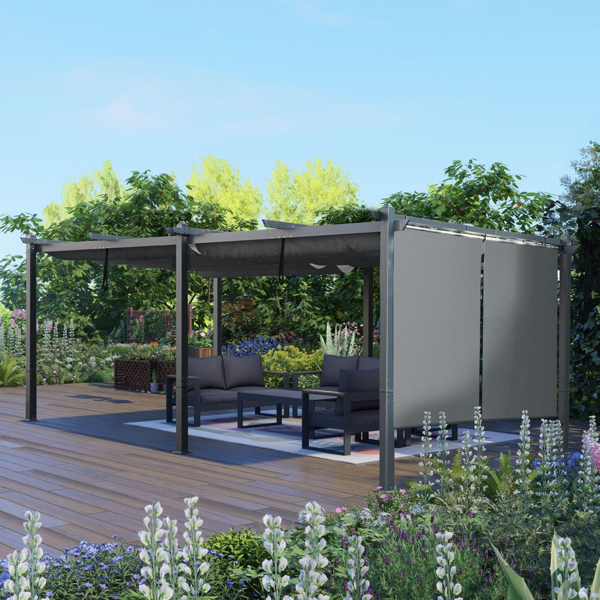 Aoodor 12 x 20 FT Outdoor Pergola with Retractable Shade Canopy, Dark Gray Matte Aluminum Frame, 2 Pieces Roller Shade Curtain, Grape Trellis Pergola for Patio Backyard and Deck - Charcoal Gray Aoodor