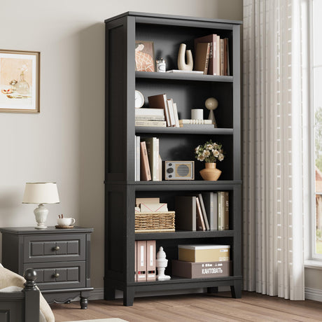 Garvee 71" Farmhouse Bookshelf with Adjustable Shelves & 31.5 in Whidth, 5 Tier Tall Bookcase Wooden Book Shelf w/Wooden Legs, Rustic Bookcase for Living Room (Black, 31.5" D x 11.8" W x 71.3" H) Garvee