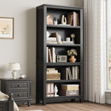 IDEALHOUSE 71" Farmhouse Bookshelf w/Adjustable Shelves & 31.5 in Whidth, 5 Tier Tall Bookshelf with Wooden Legs, Vintage Wooedn Book Shelf for Living Room Office (Black, 71.3" H x 31.5" W x 11.8" D) IDEALHOUSE