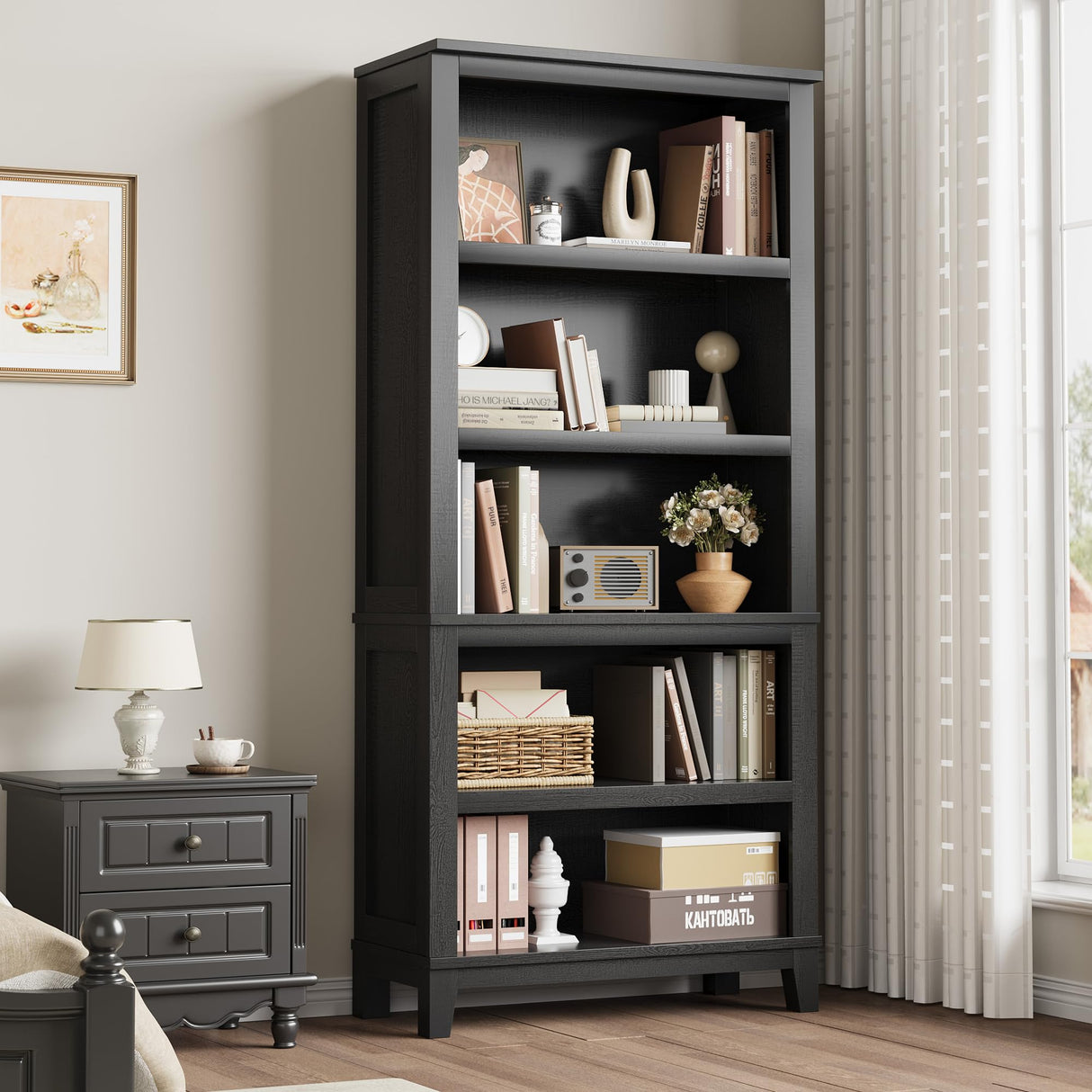 SLEKVERSA 71" Farmhouse Bookcase w/Adjustable Shelves & 31.5" Width, 5 Tier Tall Bookshelf with Wooden Legs, Rustic Vintage Book Shelf for Living Room Office Library (Black) SLEKVERSA