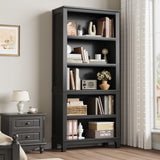SLEKVERSA 71" Farmhouse Bookcase w/Adjustable Shelves & 31.5" Width, 5 Tier Tall Bookshelf with Wooden Legs, Rustic Vintage Book Shelf for Living Room Office Library (Black) SLEKVERSA