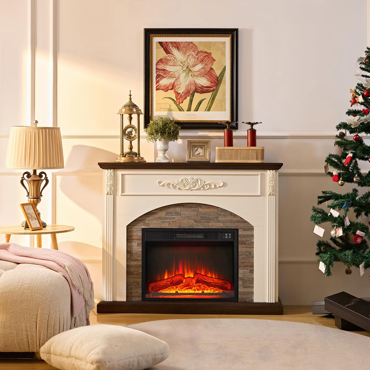 44Inch Electric Fireplace with Mantel, Fireplace Mantel with Stacked Stone Surround, Freestanding Fireplace Heater with LED Flame,White Corner Firebox with 23" Fireplace Insert for Bedroom,Living Room BOSHIRO