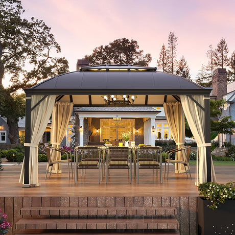 YOLENY 12'x14' Hardtop Gazebo, Permanent Outdoor Aluminum Patio Gazebo with Aluminum Composite Double Arc Roof for Patio Lawn and Garden, Curtains and Netting Included YOLENY