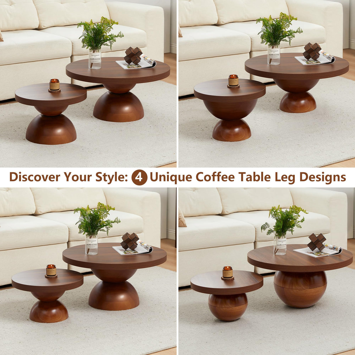 Solid Wood Round Nesting Coffee Table Set of 2, Circle Accent Tables with Unique Semi-Circular Legs, Modern Farmhouse Side End Table Set for Small Space Living Room Office (Walnut) LEVNARY