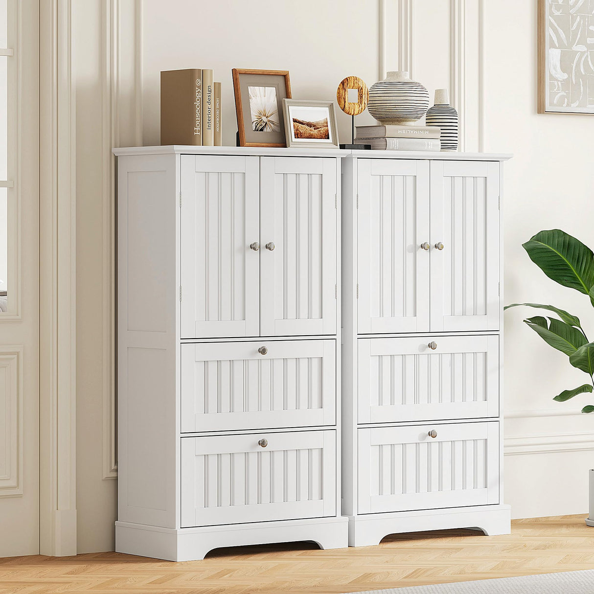 Treocho Bathroom Floor Cabinet, White Bathroom Storage Cabinet with Drawers and Adjustable Shelf, Freestanding Kitchen Pantry Cupboard with 2 Doors for Living Room Treocho