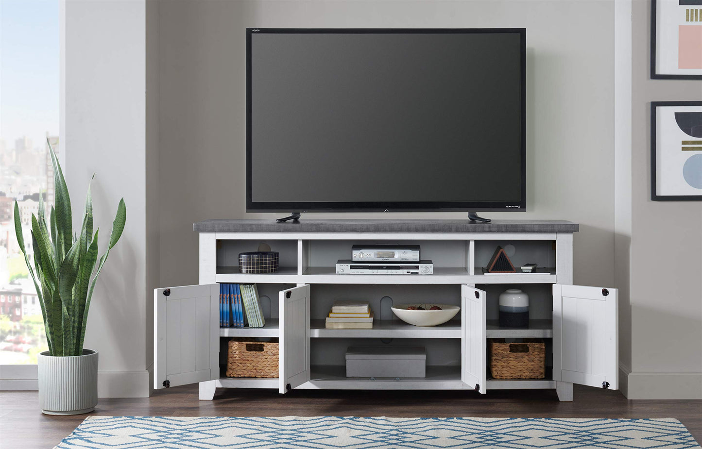 Martin Svensson Home Foundry 65" TV Stand, White Stain with Grey Top - WoodArtSupply