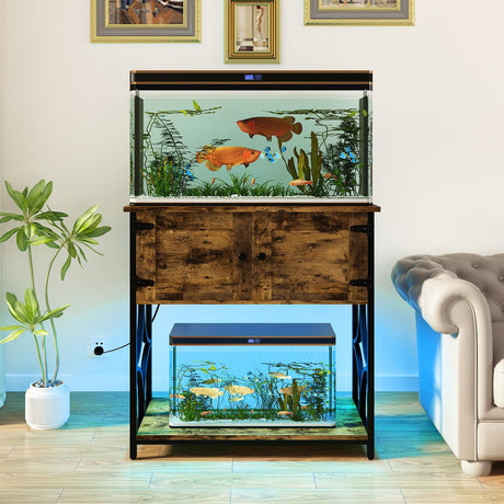 UVANIOHOM 20-29 Gallon Fish Tank Stand with Power Outlets & LED Light, Cabinet for Aquarium Stand Accessories Storage, Metal Fish Tank for Turtle Tank, 30.7" L*15.7" W Tabletop, 330LBS Capacity, Brown UVANIOHOM
