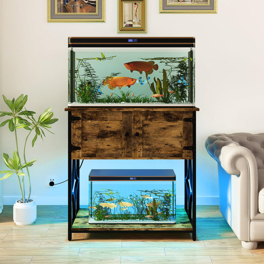 UVANIOHOM 20-29 Gallon Fish Tank Stand with Power Outlets & LED Light, Cabinet for Aquarium Stand Accessories Storage, Metal Fish Tank for Turtle Tank, 30.7" L*15.7" W Tabletop, 330LBS Capacity, Brown