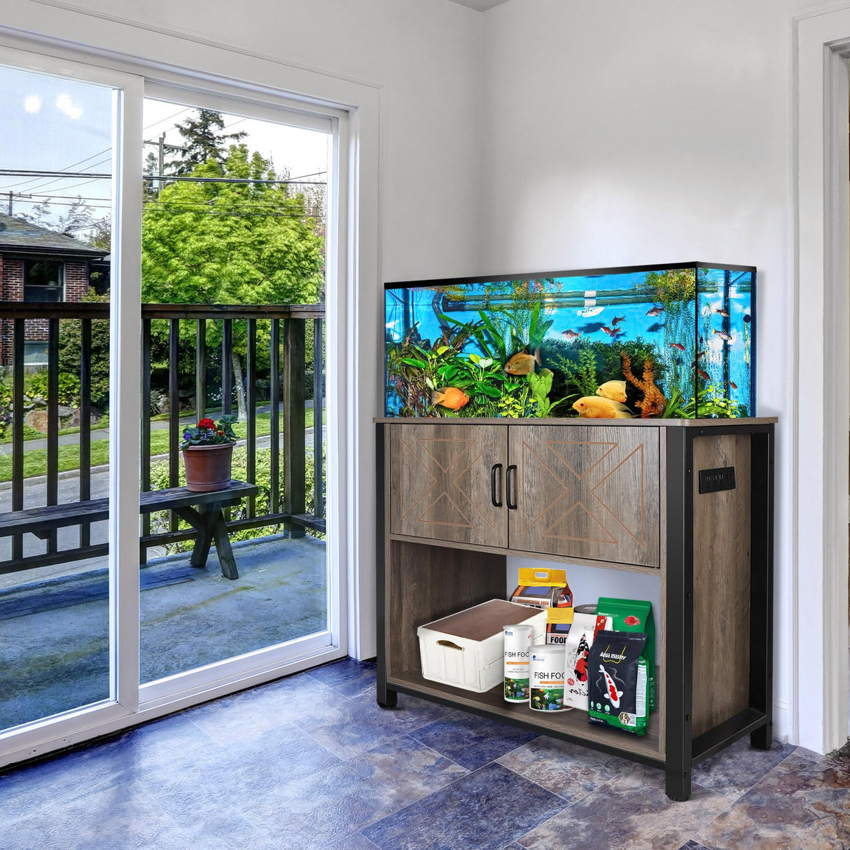 BEURUKU 40 Gallon Tank Stand with Cabinet and Power Outlets, Heavy Duty Metal Aquarium Stand for 40-50 Gallon Breeder Tank, Turtle Tank, Double Terrarium Stand, 660LBS Capacity, Grey BEURUKU