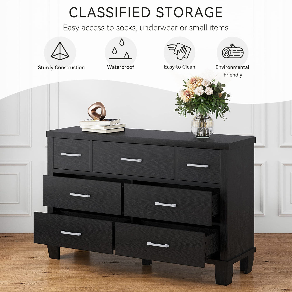 IDEALHOUSE Dresser for Bedroom with 7 Drawers, Modern Chest of Drawers Closet with Metal Handle, Wooden Dresser Organizer, for Bedroom, Living Room, Black IDEALHOUSE