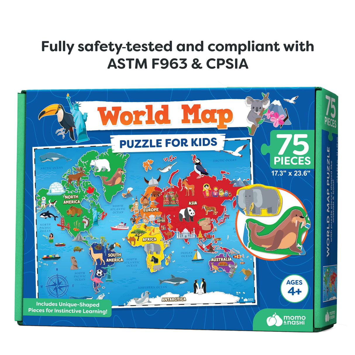 World Map Puzzle for Kids - 75 Piece - World Puzzles with Continents - Childrens Jigsaw Geography Puzzles for Kids Ages 4-8, 5, 6, 7, 8-10 Year Olds - Globe Atlas Puzzle Maps Momo & Nashi