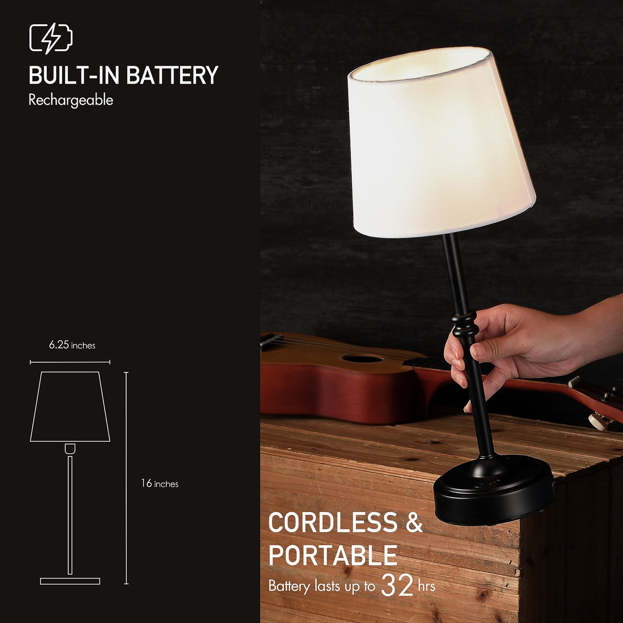 O’Bright Seraph - Cordless LED Table Lamp with Dimmer, Built-in Rechargeable Battery, 3-Level Brightness, Patio Table Lamp, Bedside Night Lamp, Ambient Light for Restaurant, Black O'Bright