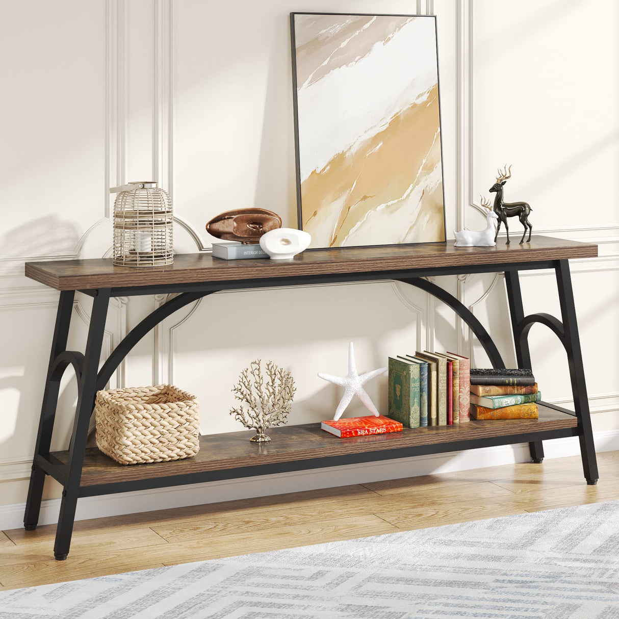 Tribesigns Extra Long Sofa Tables, 70.8”Console Table for Entryway, Wood Console Table 2 Tier TV Stand, Behind Couch Table for Living Room, Rustic Brown Black Tribesigns