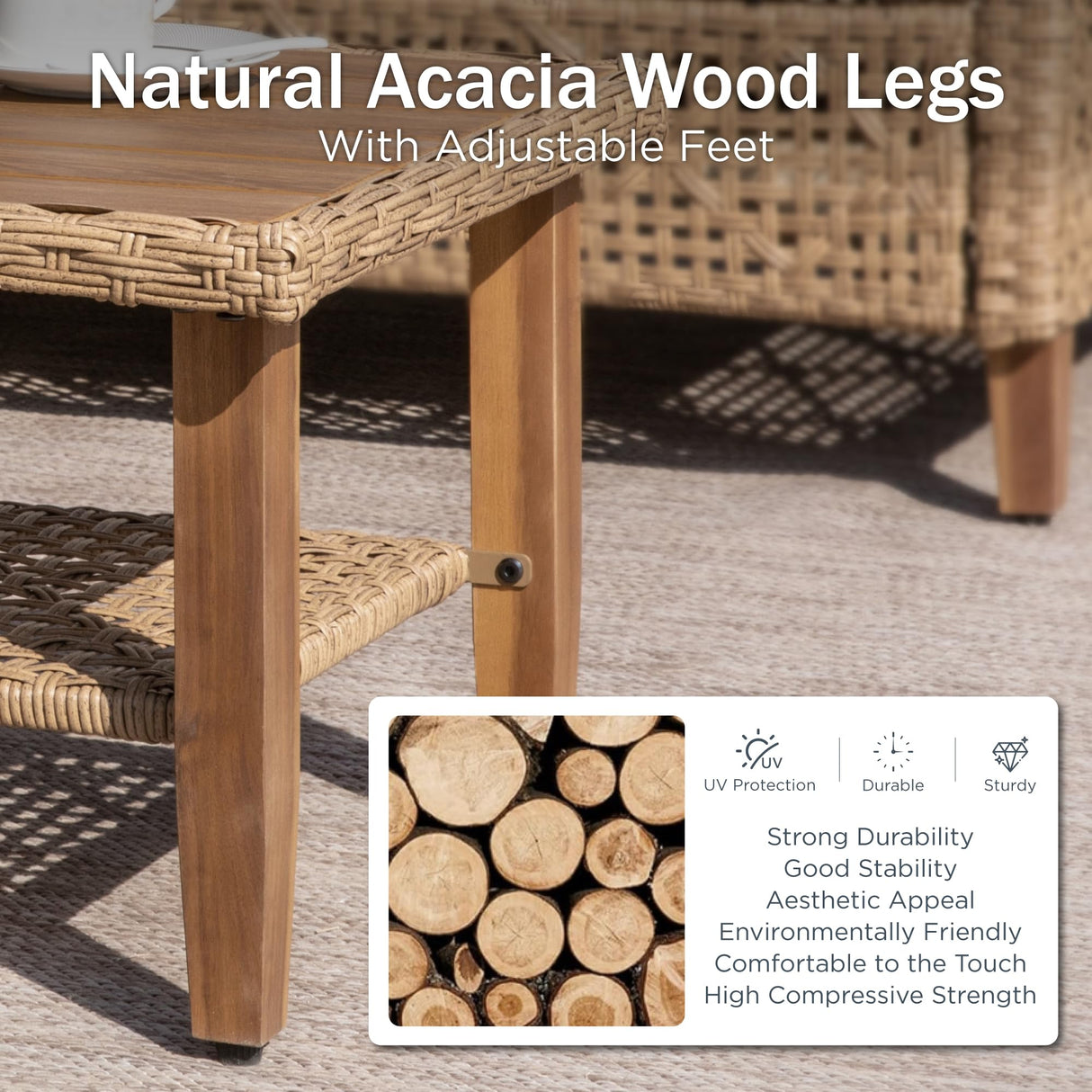 PHI VILLA Wicker Patio Furniture Set, L-Shaped Small Patio Conversation Set, Sectional Outdoor Sofa with Cushions and Acacia Wood Coffee Table, 4 Seats, Beige PHI VILLA