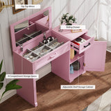 FOMNEY Farmhouse Vanity Desk with Flip Top Mirror, 43.3" W Makeup Vanity with Drawers, Storage Cabinet, Dressing Make Up Vanity Table for Bedroom, Wood Home Office Desk, Pink FOMNEY
