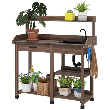 Outsunny Potting Bench Table, Outdoor Garden Table Wooden Work Station with Removable Sink, Faucet, Drawer, Shelves, Hooks, Dark Brown Outsunny