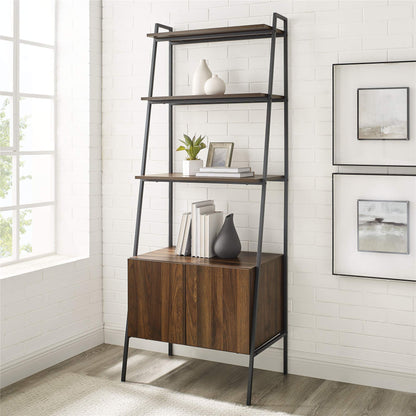 Industrial Dark Walnut Ladder Bookcase & Cabinet by Walker Edison - 72 Inch Home Office Workstation - WoodArtSupply