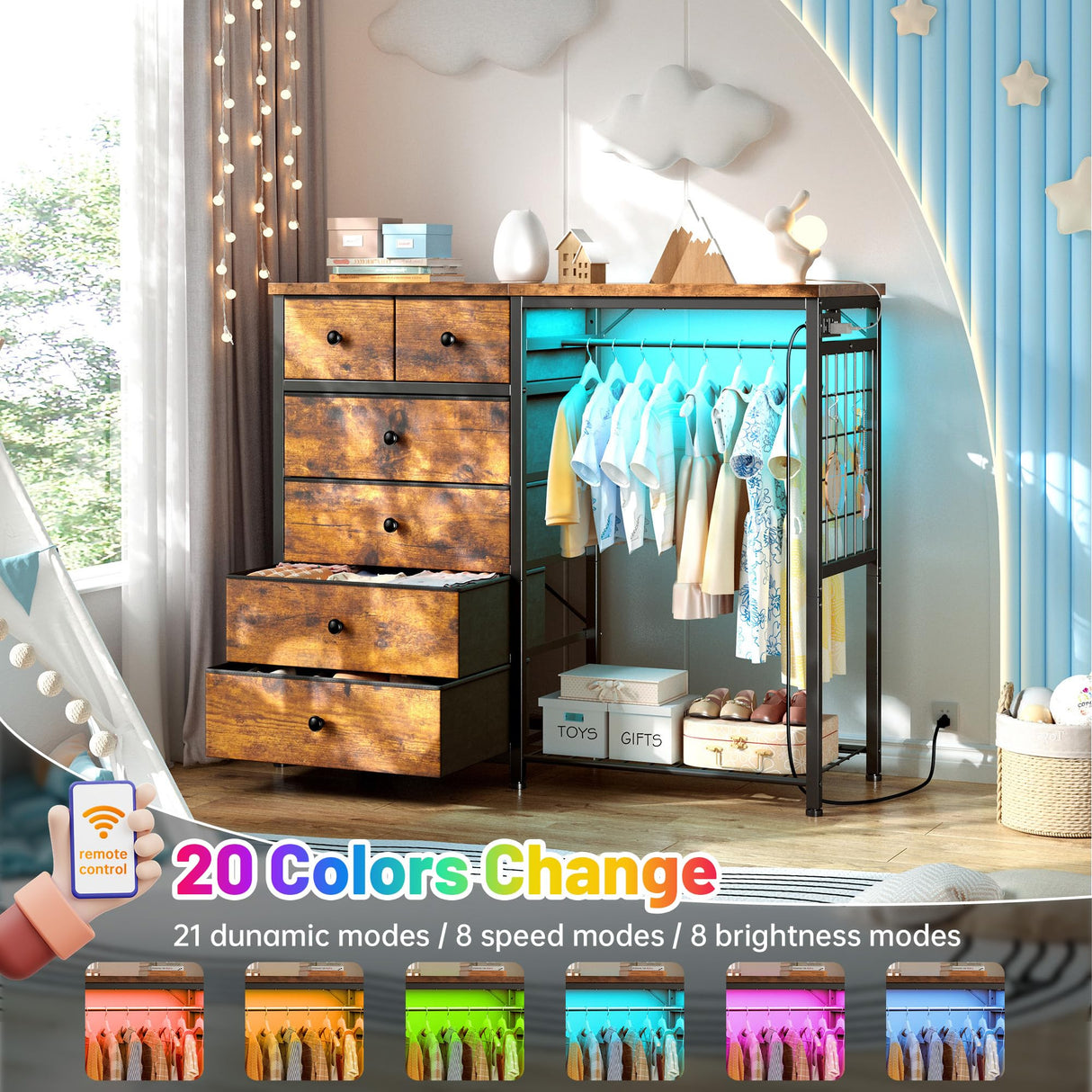 EnHomee 49.2" W Dresser with Hanging Rack & 6 Fabric Drawers – Wooden Top Organize Unit Featuring LED Lights, Charging Station & Grid Panel for Bedroom, Rustic Brown EnHomee