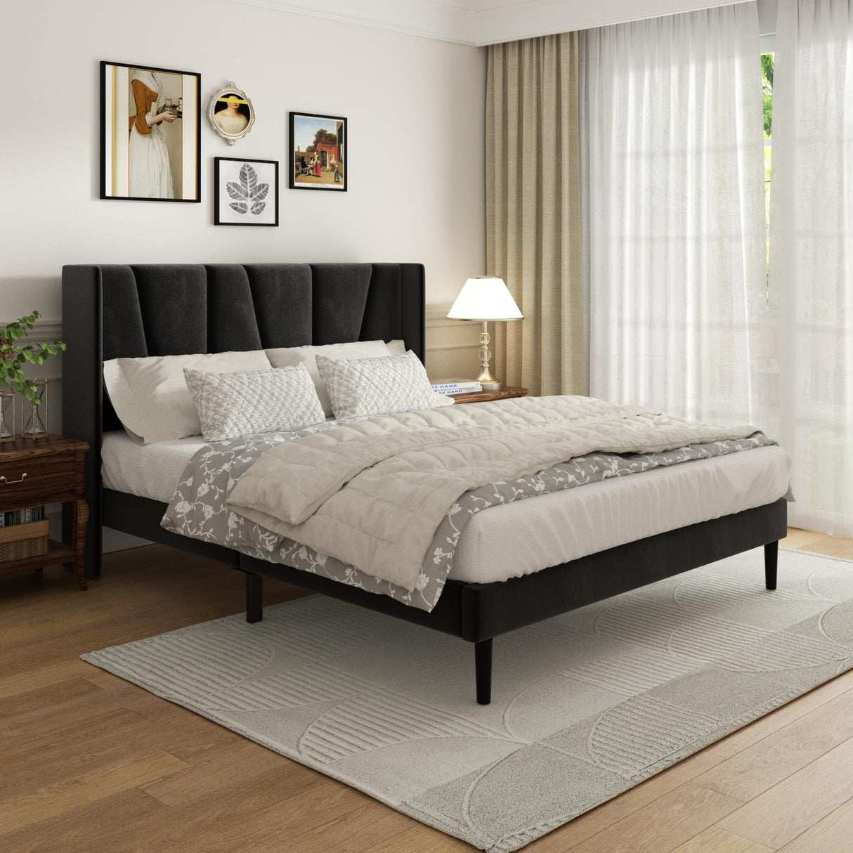 Queen Bed Frame with Headboard and Wingback, Velvet Upholstered Platform Bed, Mattress Foundation with Wooden Slat Support, No Box Spring Needed, Easy Assembly, Noise Free, Black Sismplly