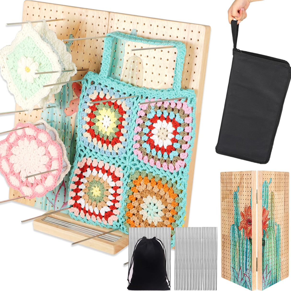 Svartur 15" Foldable Crochet Blocking Board with Pegs & Storage Pouch, Large Granny Square Blocking Board for Crocheting, Wooden Knitting Blocking Mat for Wet Blocking Crochet and Knit Squares Svartur