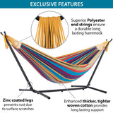 Vivere Double Cotton Hammock with Space Saving Steel Stand, Upgraded Polyester End Strings 450 lb Capacity - Premium Carry Bag Included - USA Grown Cotton (Tropical) Vivere