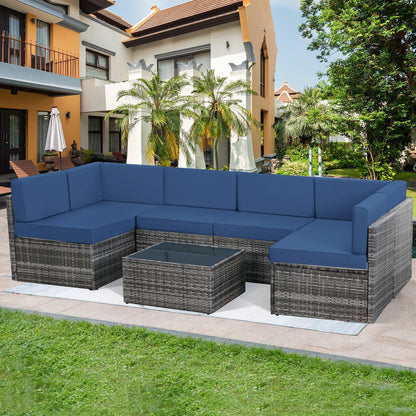 U-MAX 7 Piece Outdoor Patio Furniture Set, PE Rattan Outdoor Grey Wicker Furniture, Outdoor Sectional Furniture Chair Set with Cushions and Tea Table, Grey Rattan and Navy Cushion