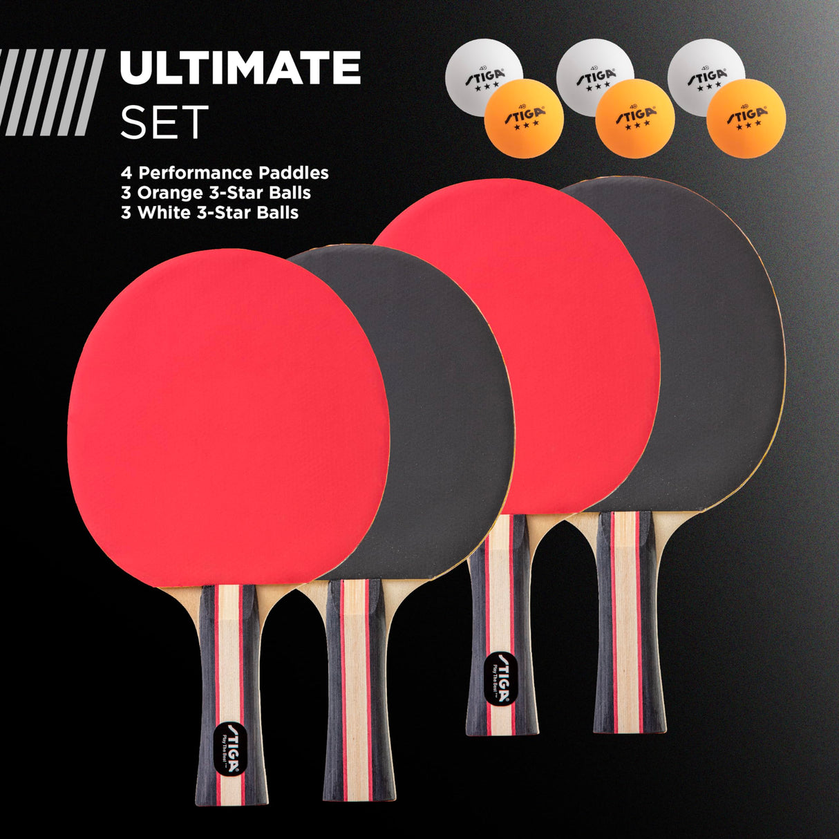 STIGA Performance 4 Player Ping Pong Paddle Set of 4 – Table Tennis Rackets, 6 – 3 Star Orange and White Balls Stiga