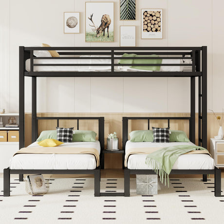 KEIKI Metal Triple Bunk Bed, Heavy Duty Twin XL Over Twin Over Twin Beds Frame w/Guardrails & Ladder, Detachable Kids BunkBed for 3, Girls Boys Teens Bedroom Loft Bed, No Box Spring Needed, Black KEIKI