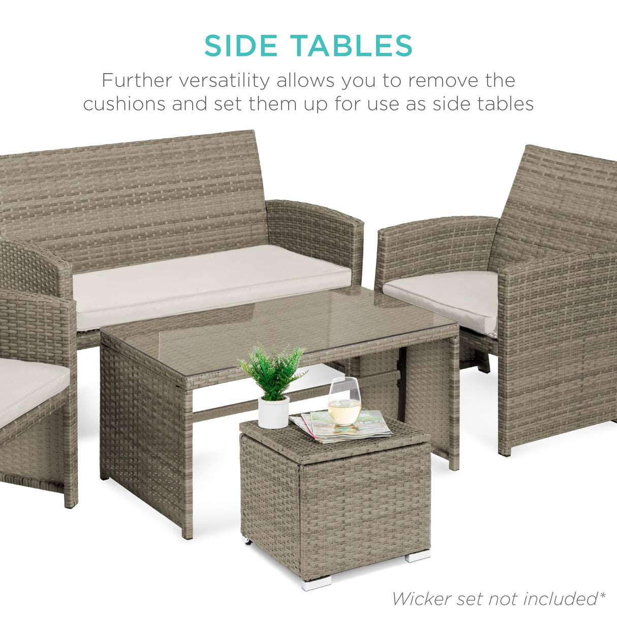 Best Choice Products Set of 2 Wicker Ottomans, Multipurpose Outdoor Furniture for Patio, Backyard, Additional Seating, Footrest, Side Table w/Storage, Removable Cushions - White Sand/Taupe Best Choice Products