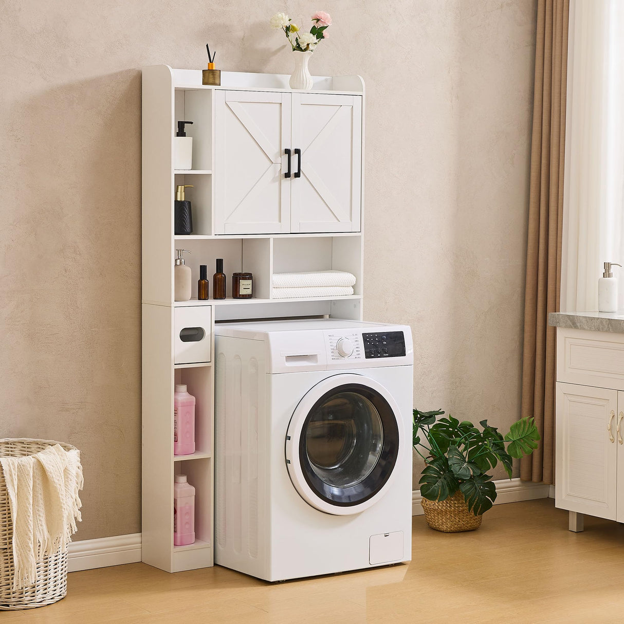 Viroformo Over The Toilet Storage Cabinet, 32 Inches Width Farmhouse Storage Cabinet Over Toilet with 2 Barn Door, Toilet Paper Holder Stand, Toilet Rack for Bathroom, Laundry, Restroom, White Viroformo