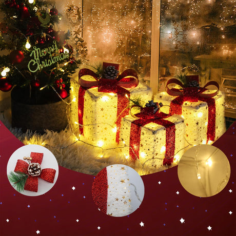 Christmas Decorations, Set of 3 Christmas Lighted Gift Boxes, Plush Christmas Ornaments with 60 LED Warm White Christmas Lights for Christmas Tree Skirt Fireplace Table Room Indoor Decor Aokudoni