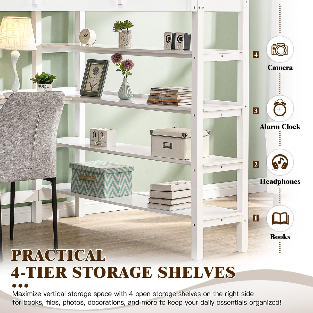 KINFFICT Space-Saving Twin Loft Bed with Integrated Desk and Bookshelves in White KINFFICT