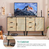 Iwell Storage Cabinet with Rattan Door & 3 Drawers, Rattan Cabinet with Adjustable Shelf, Rattan Dresser, Accent Cabinet for Living Room, Entryway, Kitchen, Black Iwell