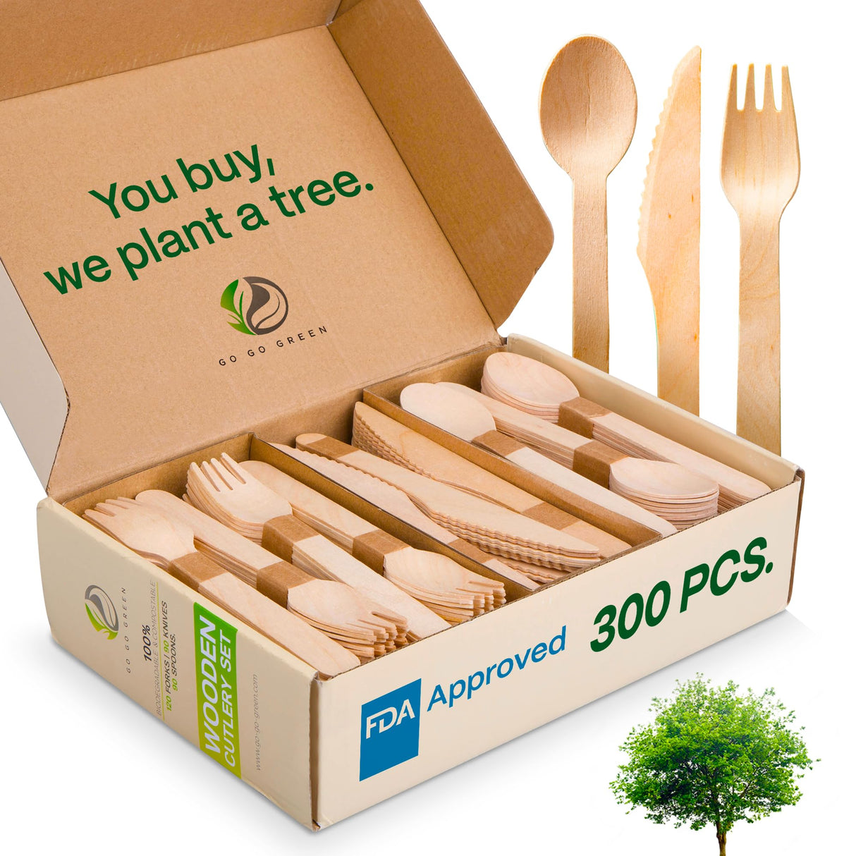 100% Compostable Cutlery Set - 300 Pieces Wooden Compostable Utensils [120 Forks, 90 Knives, 90 Spoons] - Disposable Wooden Cutlery, Eco Friendly Forks And Spoons Disposable Cutlery Set Party Utensils GO GO GREEN