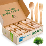 100% Compostable Cutlery Set - 300 Pieces Wooden Compostable Utensils [120 Forks, 90 Knives, 90 Spoons] - Disposable Wooden Cutlery, Eco Friendly Forks And Spoons Disposable Cutlery Set Party Utensils GO GO GREEN