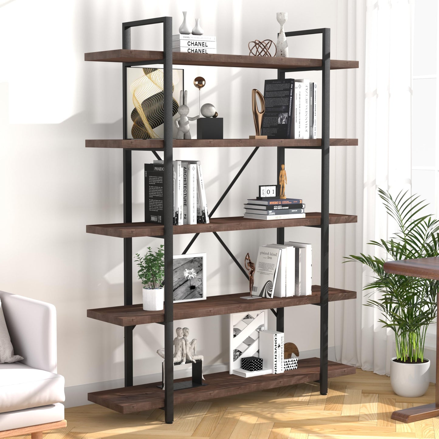 5-Tier Rustic Gray Solid Wood Bookshelf with Industrial Metal Accent - WoodArtSupply