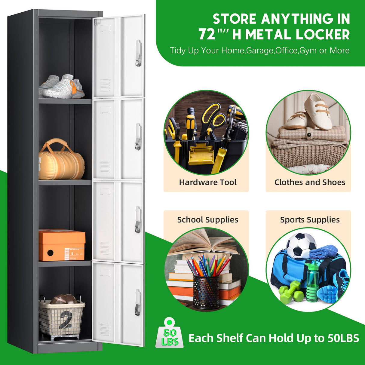 INTERGREAT Metal Locker for Employees with 4 Doors,(72") Steel Locker Storage Cabinet with 4 Tiers,Tall Office Storage Lockers for Home Office,School,Gym (Grey White) INTERGREAT