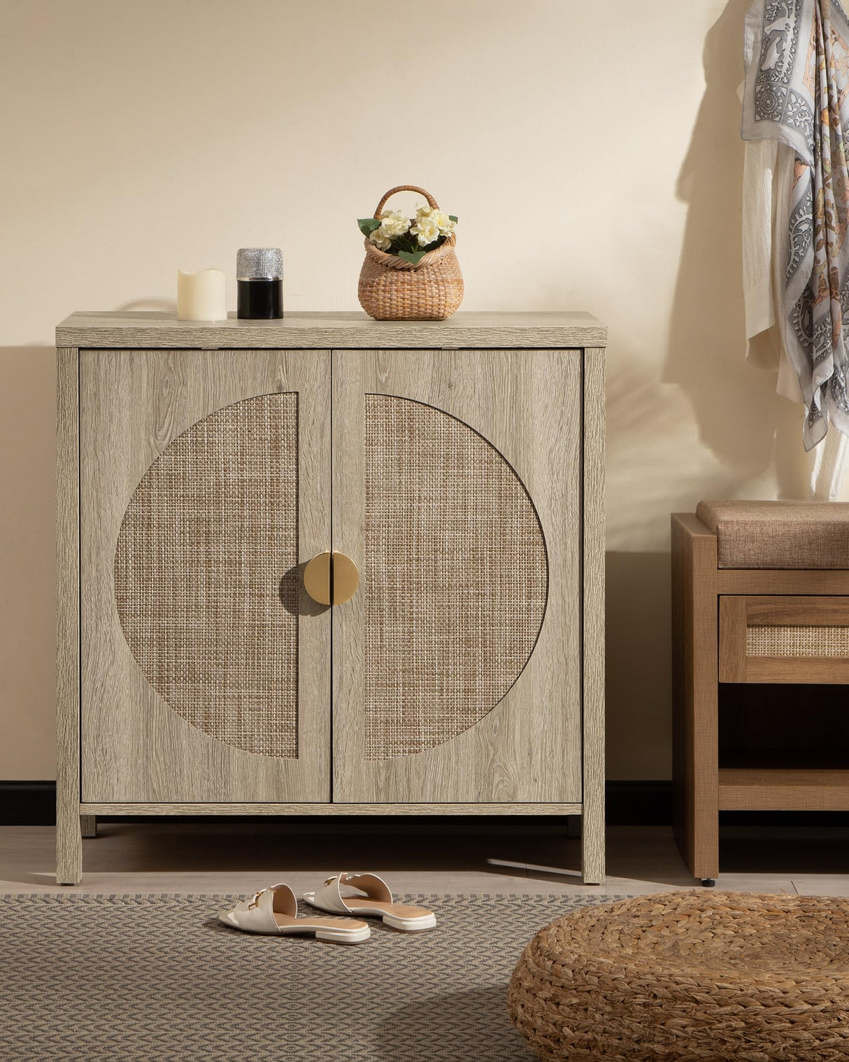 SICOTAS Accent Wood Storage Cabinet with Rattan Doors, Sideboard Buffet Cabinet with Adjustable Shelves, Multifunctional Console Table Rattan Credenza for Dining Room, Living Room, Entryway SICOTAS