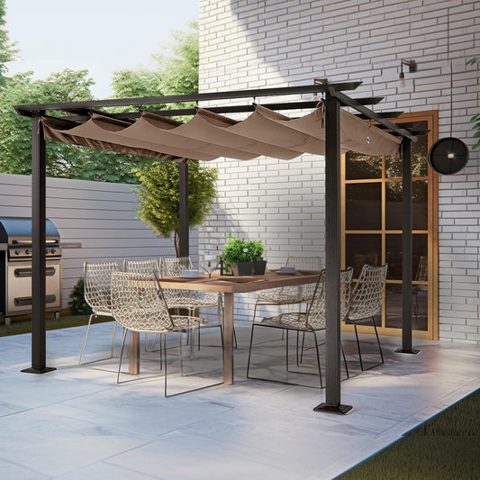 ZEPYARD 10X10 FT Outdoor Pergola, Aluminum Pergola with Sun Shade Retractable Canopy, Patio Retractable Pergola for Deck, Backyard, Grill (Brown) - WoodArtSupply