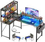 Homieasy 47 Inch L Shaped Computer Desk with Bookshelf & LED Light, Reversible Corner Gaming Station in Black Oak Homieasy